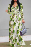 Light Green Casual The stars Leaves Lace Up Contrast V Neck Printed Dresses