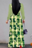Light Green Casual The stars Leaves Lace Up Contrast V Neck Printed Dresses