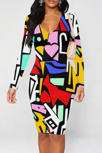 Multicolor Street Graffiti Print Contrast V Neck Printed Dresses