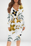 Purple Elegant Floral Print Contrast V Neck Printed Dresses