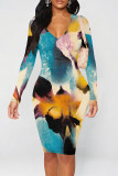 Purple Elegant Floral Print Contrast V Neck Printed Dresses