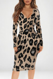 Green Sexy Camouflage Print Leopard Contrast V Neck Printed Dresses
