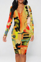 Ginger Elegant Floral Print Contrast V Neck Printed Dresses