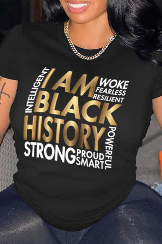 Black Street Letter Print O Neck T-Shirts