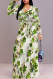 Light Green Casual The stars Leaves Lace Up Contrast V Neck Printed Dresses