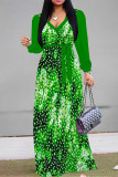 Light Green Casual The stars Leaves Lace Up Contrast V Neck Printed Dresses