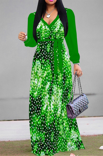 Greenish Gray Casual The stars Leaves Lace Up Contrast V Neck Printed Dresses