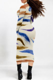 Multicolor Street Stripe Splashed ink printing Contrast Half A Turtleneck Printed Dresses
