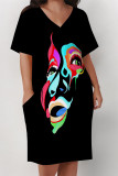 Black Street Graffiti Print Stripe Leopard Pocket Contrast V Neck Printed Plus Size Dresses