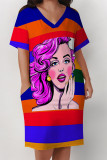 Black Street Graffiti Print Stripe Leopard Pocket Contrast V Neck Printed Plus Size Dresses
