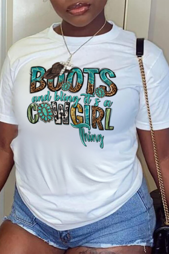 White Casual Letter Print O Neck T-Shirts