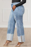 Blue Casual Solid Color Patchwork Mid Waist Regular Denim Jeans