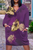 Purple Casual Striped Print Pocket Contrast V Neck Printed Plus Size Dresses