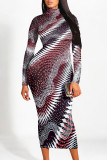 Multicolor Street Stripe Splashed ink printing Contrast Half A Turtleneck Printed Dresses