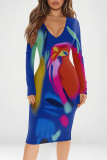 Purple Elegant Floral Print Contrast V Neck Printed Dresses