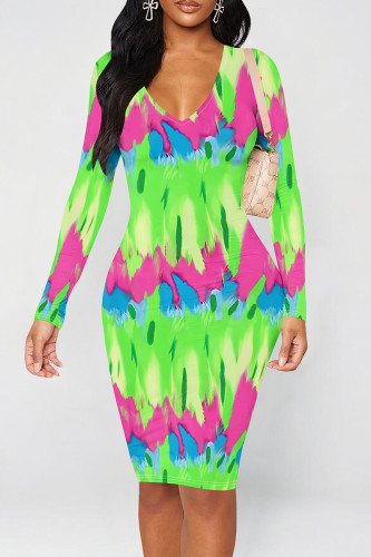 Green Casual Geometric Print Contrast V Neck Printed Dresses