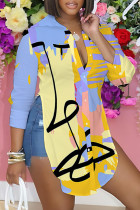 Blue Yellow Casual Print Buttons Slit Shirt Collar Tops