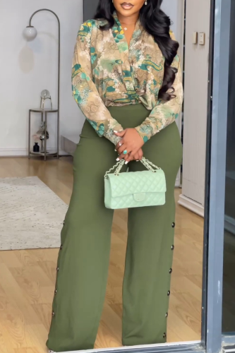 Green Daily Solid Color Print Buckle Pants Deep V Neck Long Sleeve Two Pieces