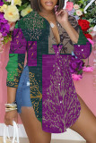 Dark Purple Casual Print Buttons Slit Shirt Collar Tops