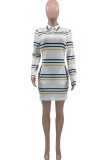 White Casual Striped Print Buttons POLO collar Long Sleeve Dresses