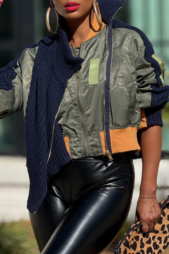 Navy Blue Casual Patchwork Contrast Zipper Collar Outerwear