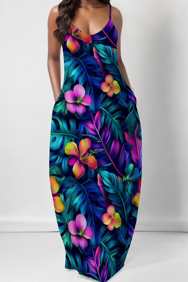 Cyan Green Elegant Print Pocket Patchwork Spaghetti Strap Sling Dresses