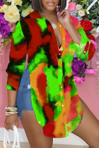 Red Green Casual Print Buttons Slit Shirt Collar Tops