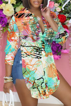 Multicolor Casual Print Buttons Slit Shirt Collar Tops