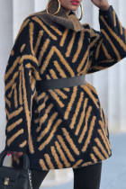 Multicolor Casual Patchwork With Belt Contrast Turtleneck Sweater Dress (Without Belt)