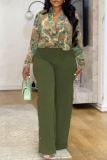 Green Daily Solid Color Print Buckle Pants Deep V Neck Long Sleeve Two Pieces