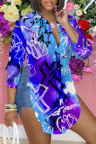 Dark Purple Casual Print Buttons Slit Shirt Collar Tops