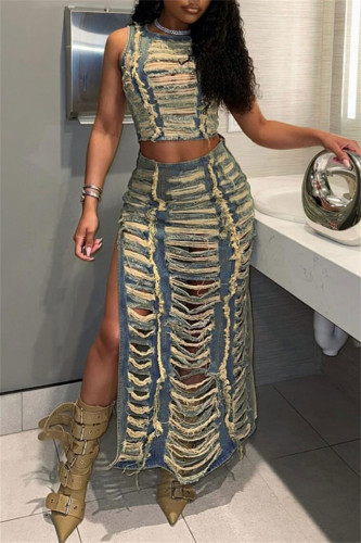 Blue Casual Patchwork Ripped Slit Zipper O Neck Sleeveless Two Pieces