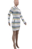 White Casual Striped Print Buttons POLO collar Long Sleeve Dresses