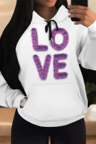 White Purple Casual Letter Print Draw String Pocket Contrast Hooded Tops
