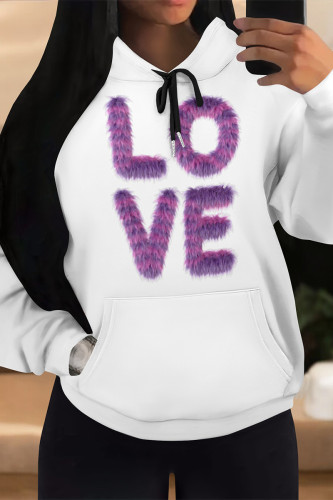 White Purple Casual Letter Print Draw String Pocket Contrast Hooded Tops