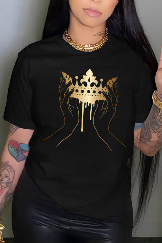 Black Casual crown Print O Neck T-Shirts