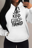 White Grey Casual Letter Print Draw String Pocket Contrast Hooded Tops