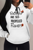 White Grey Casual Letter Print Draw String Pocket Contrast Hooded Tops