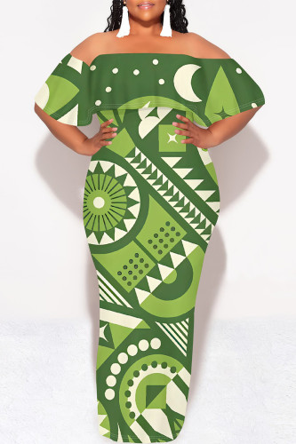 Green Sexy Geometric Print Ruffle Contrast Off Shoulder Long Dresses