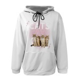 White Pink Casual Animal Print Cartoon Print Draw String Pocket Hooded Tops