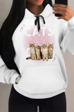 White Pink Casual Animal Print Cartoon Print Draw String Pocket Hooded Tops