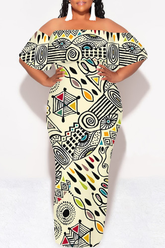 Light Yellow Sexy Geometric Print Ruffle Contrast Off Shoulder Long Dresses
