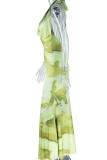 Green Yellow Elegant Print Patchwork Backless Halter Long Dresses