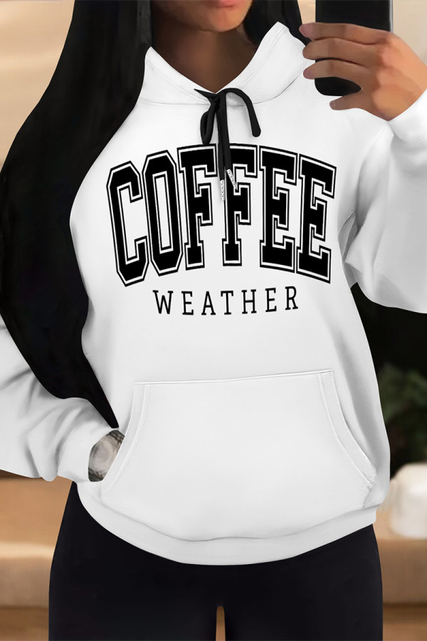 Black Casual Letter Print Draw String Pocket Hooded Tops