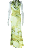 Green Yellow Elegant Print Patchwork Backless Halter Long Dresses
