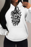 White Grey Casual Letter Print Draw String Pocket Contrast Hooded Tops