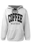 White Casual Letter Print Draw String Pocket Hooded Tops
