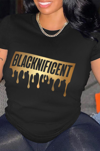 Black Casual Letter Print O Neck T-Shirts
