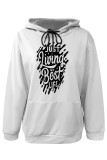 White Grey Casual Letter Print Draw String Pocket Contrast Hooded Tops