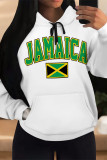 White Casual Letter Print Draw String Pocket Hooded Tops